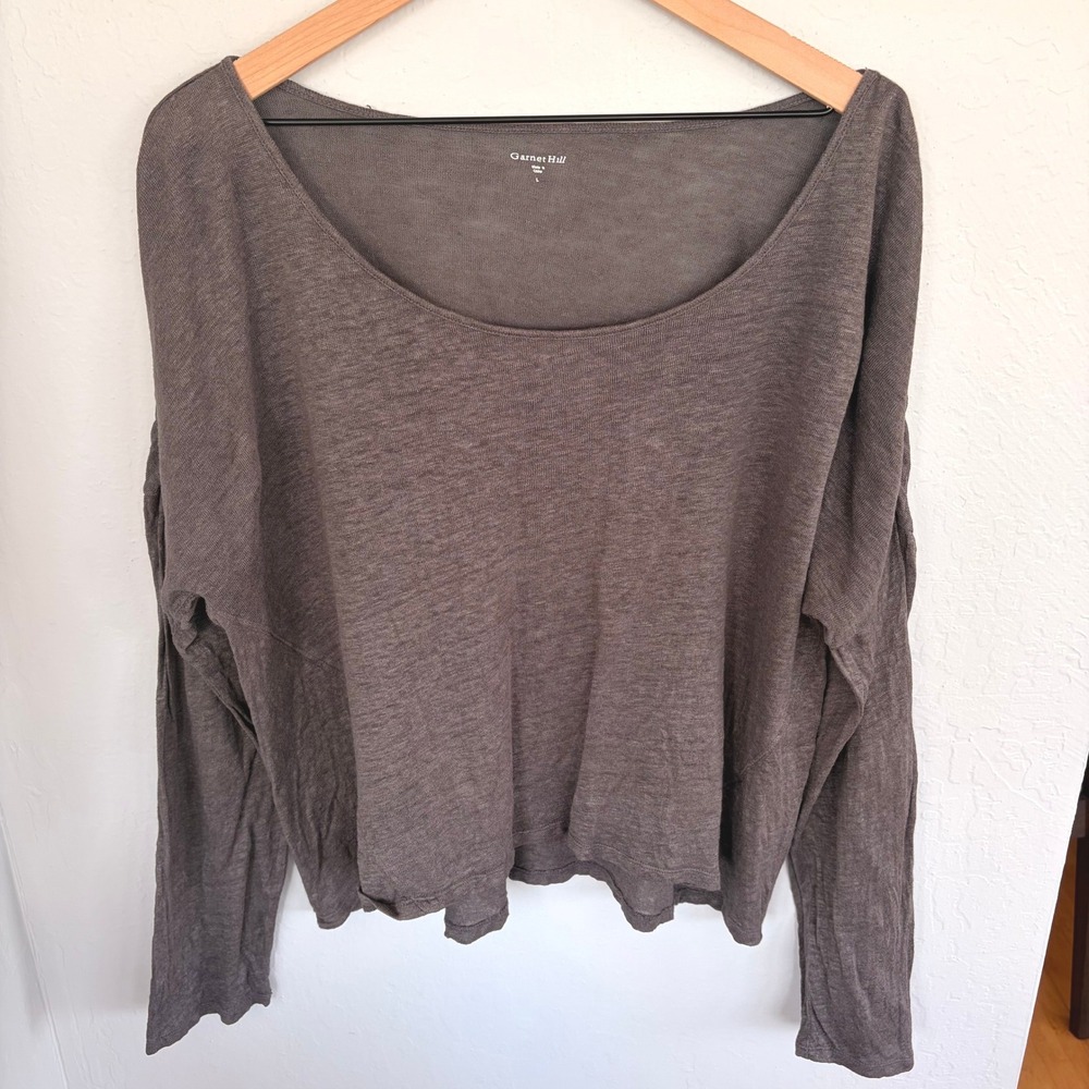 Garnet Hill Long Sleeve Top L Taupe 100% Linen Boat Neck Dolman Relaxed